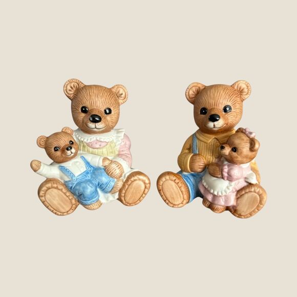 Parent & Child Teddy Bear Figurines Set of 2 Ceramic 1444 Vintage Pastel Bears - Picture 1 of 10